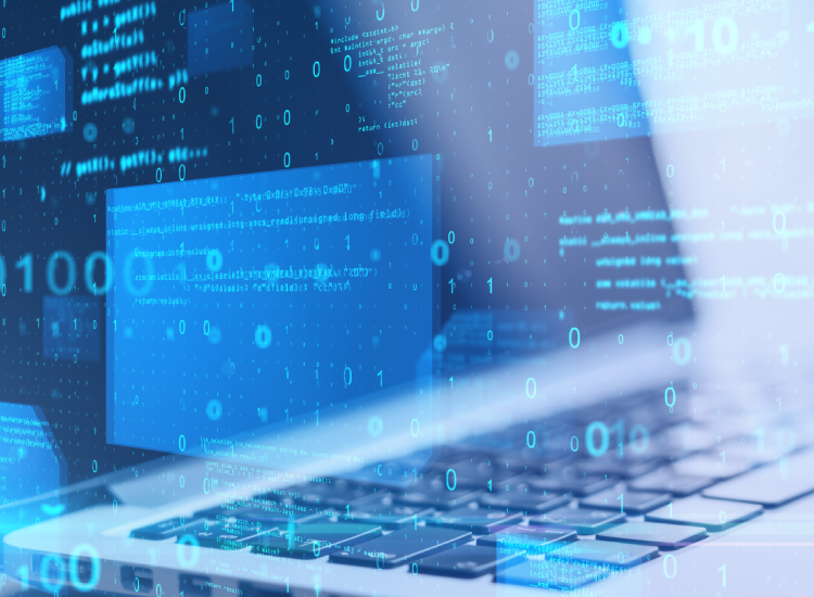 Laptop with binary code overlay representing cybersecurity analysis